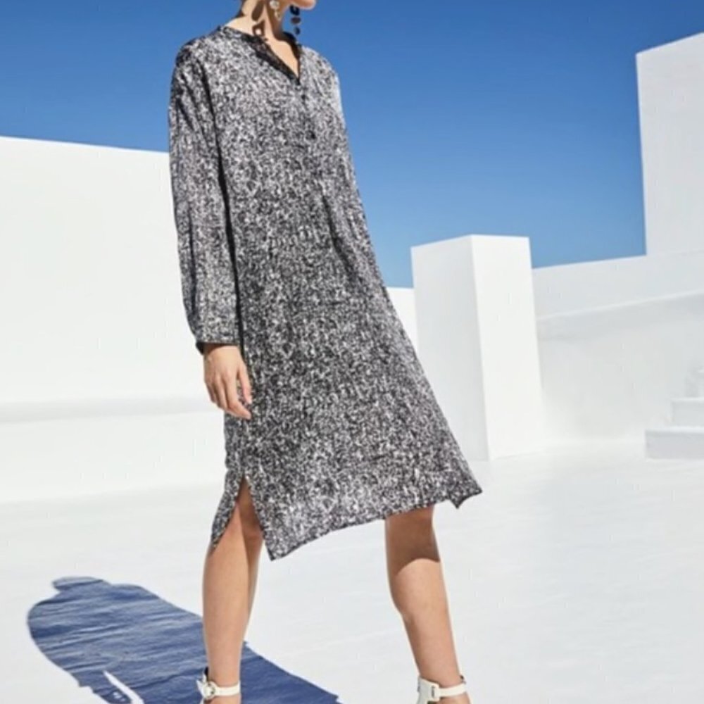 Eileen Fisher Black White Dress XS Prism Midi‎ Silk Organic Cotton